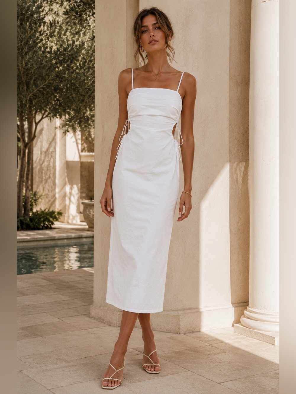 Zara White Ruched Side Tie Midi Dress | Coastal Chic Summer Dress | Size M - Picture 2 of 6